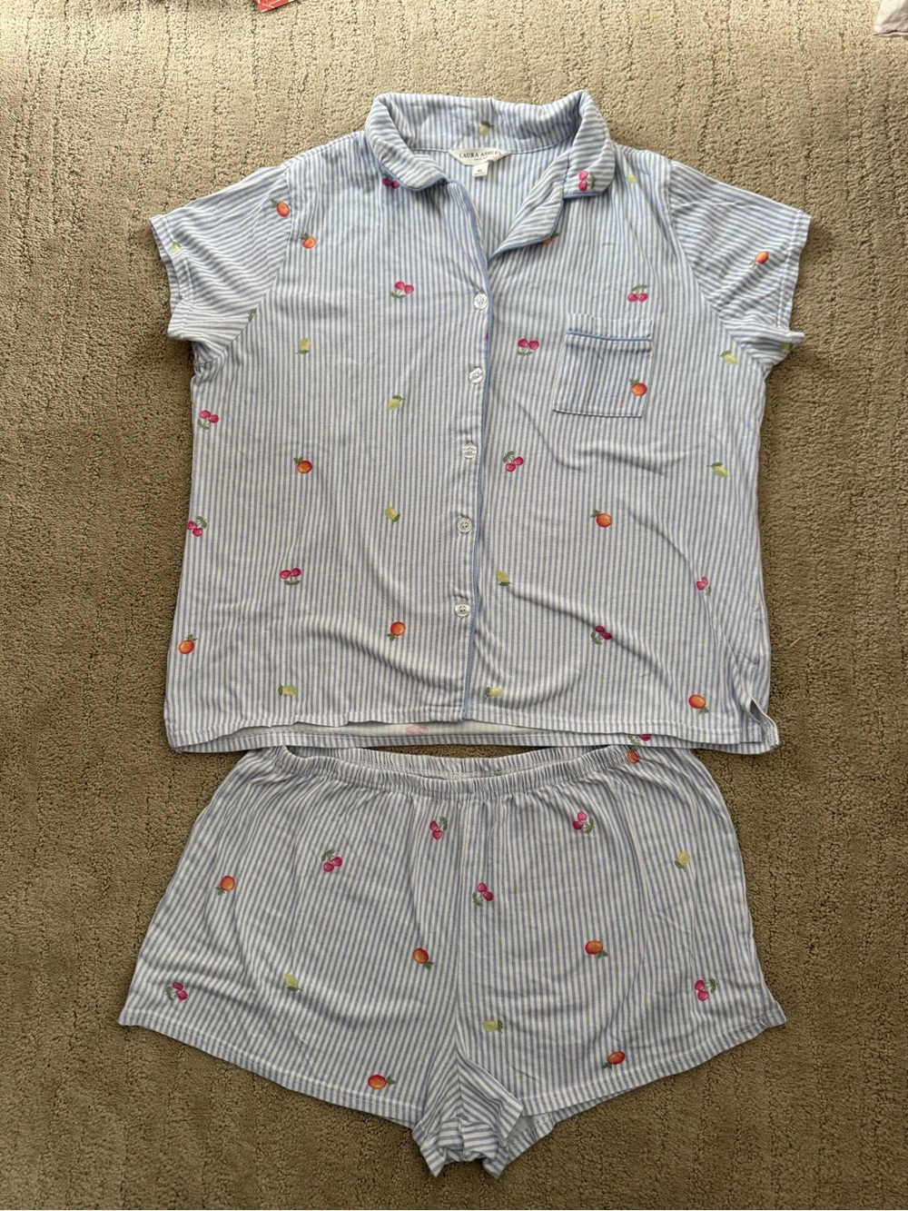 Laura Ashley Women's Blue Striped Short Sleeve Pajama Set with Fruit Print